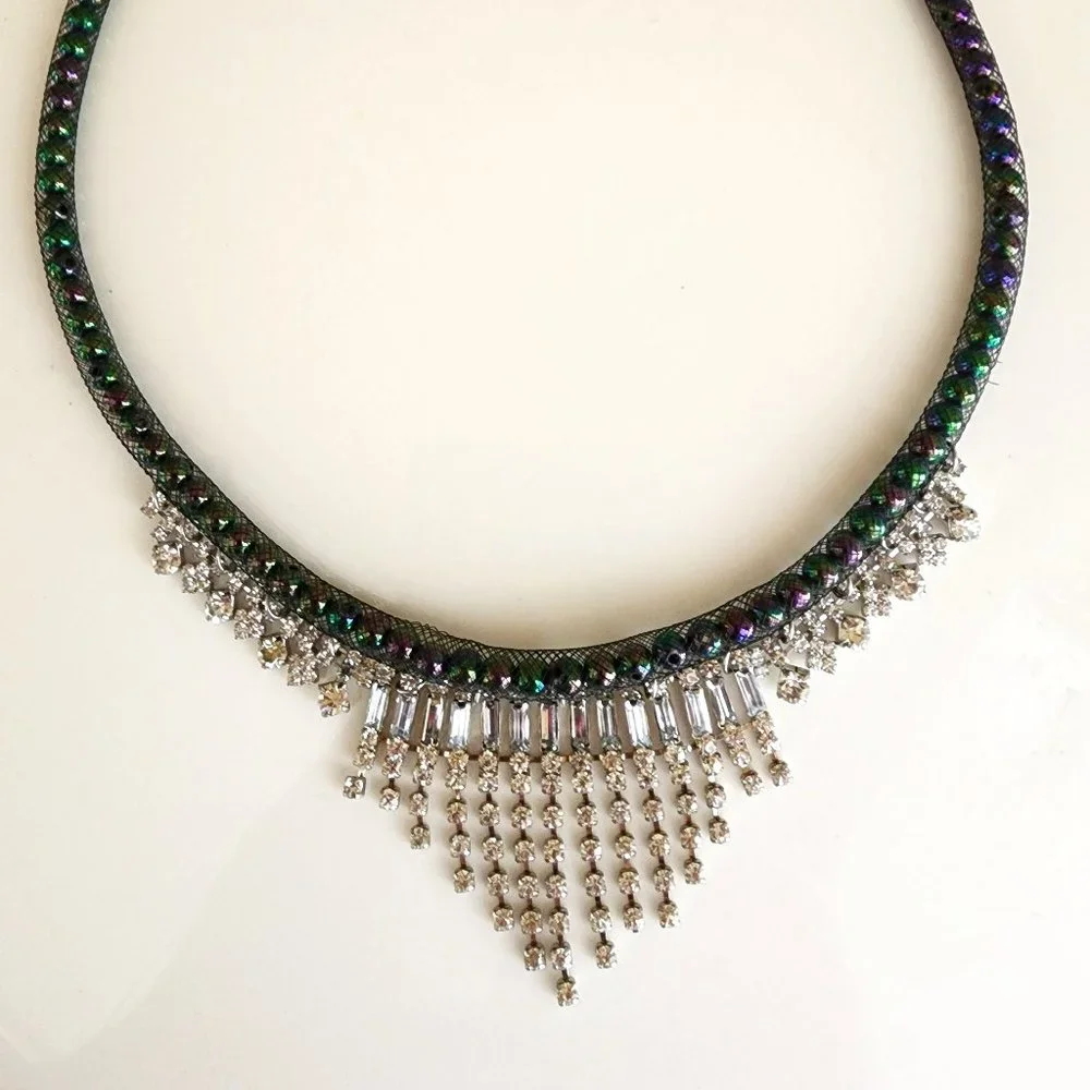 Rhinestone Cascade Fringe Black Iridescent Peacock Green Purple Bead Necklace